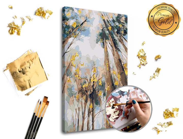 Malování podle čísel PREMIUM GOLD – Mezi stromy 40x60 cm Sada na malování podle čísel ARTMIE se zlatými plátky