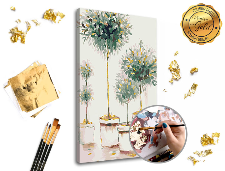Malování podle čísel PREMIUM GOLD – Stromový sad 40x60 cm Sada na malování podle čísel ARTMIE se zlatými plátky