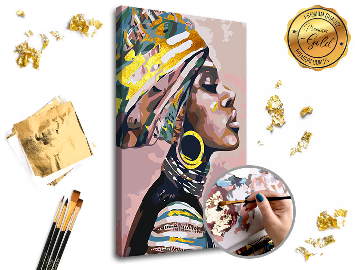 Malování podle čísel PREMIUM GOLD – Žena s turbanem 60x40 cm Sada na malování podle čísel ARTMIE se zlatými plátky