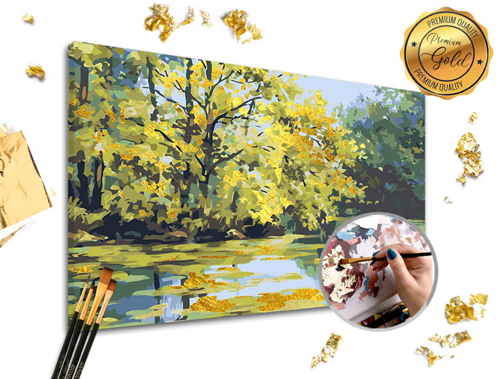 Malování podle čísel PREMIUM GOLD - Jezero 60x40 cm Sada na malování podle čísel ARTMIE se zlatými plátky