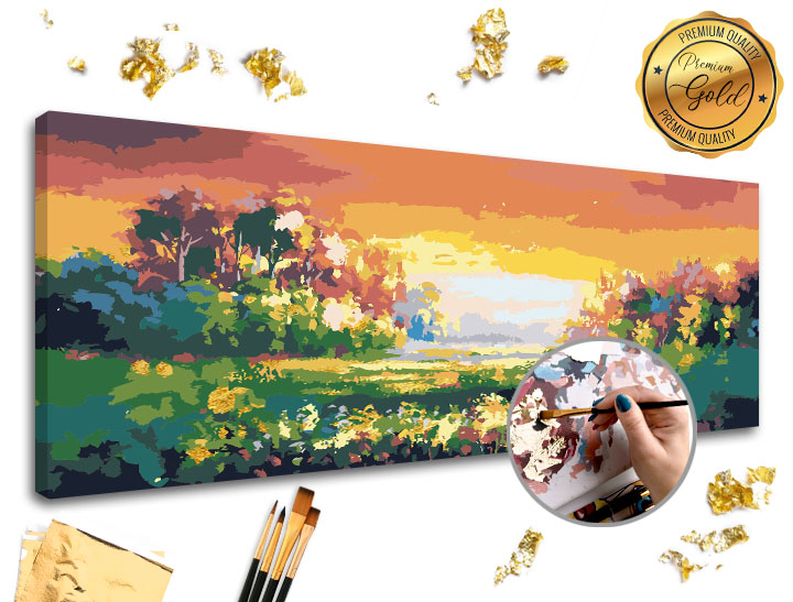 Malování podle čísel PREMIUM GOLD – Pestrobarevná krajina 80x40 cm Sada na malování podle čísel ARTMIE se zlatými plátky