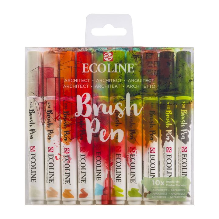 Akvarelové tužky Ecoline Brush Pen Architect | Sada 10 kusů Akvarelové fixy Royal Talens
