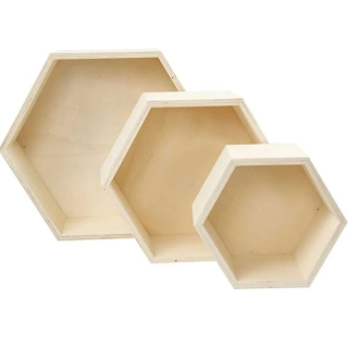 Dřevěné úložné boxy 3 ks | šestiúhelníkový tvar