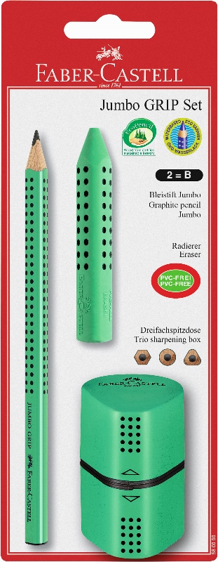 Levně Jumbo Grip set tužka + guma + ořezávátko zelený. BL (Faber Castel - Set)