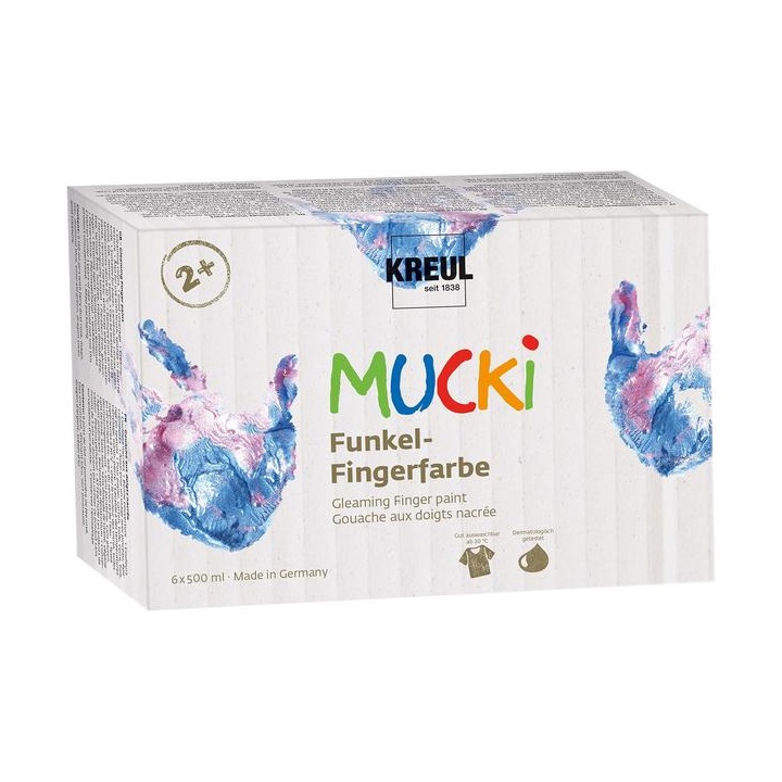 Lesklé dětské prstové barvy MUCKI | sada 6 x 500 ml barvy pro děti