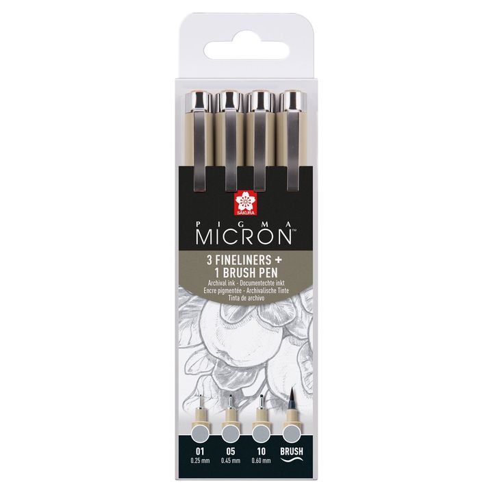 Sada technických per Sakura Pigma Micron 3 fineliners a brush pen | šedé odstíny Technické pero Sakura
