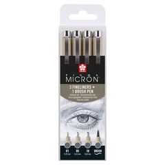 Sada technických per Sakura Pigma Micron 3 fineliners a brush pen | tmavě šedé odstíny