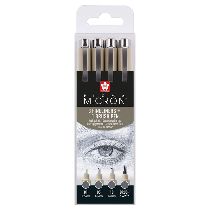 Sada technických per Sakura Pigma Micron 3 fineliners a brush pen | tmavě šedé odstíny Technické pero Sakura