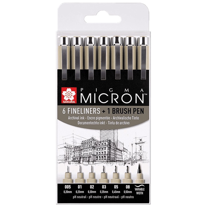Sada technických per SAKURA Pigma Micron brush pen / 7-dílná technické pero SAKURA