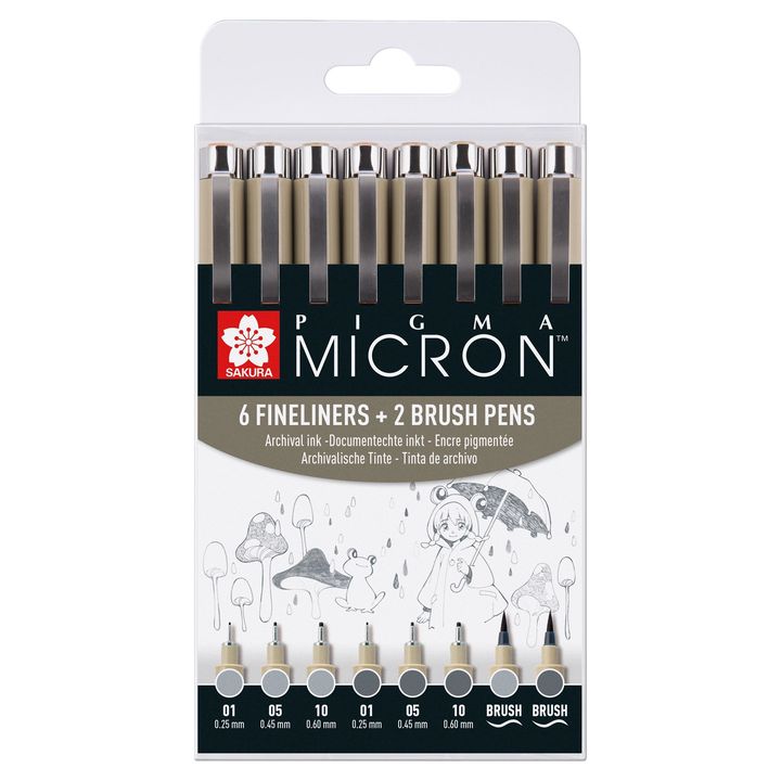 Sada technických per Sakura Pigma Micron šedé odstíny 8 ks Technické pero Sakura