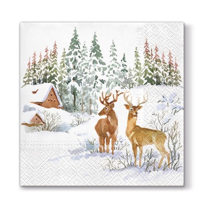 Levně Ubrousky na dekupáž - Jeleni na sněhu - 1 ks (vánoční ubrousky na)