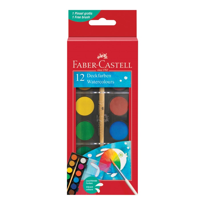 Vodové barvy FABER-CASTELL 12 barev - 30 mm vodové barvy pro děti
